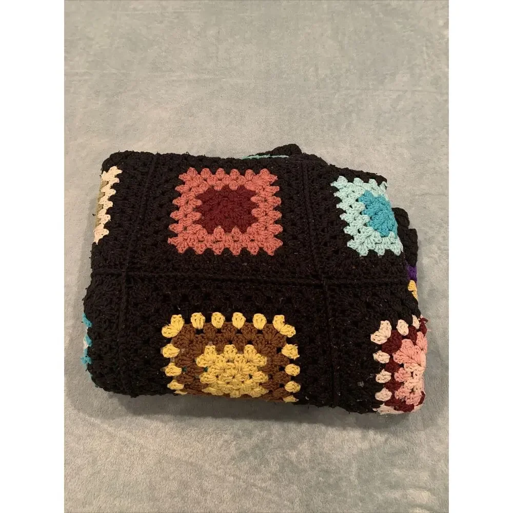 VTG Granny Square Black Afghan Crochet Throw Blanket Roseanne 62x68 SOME PILLING